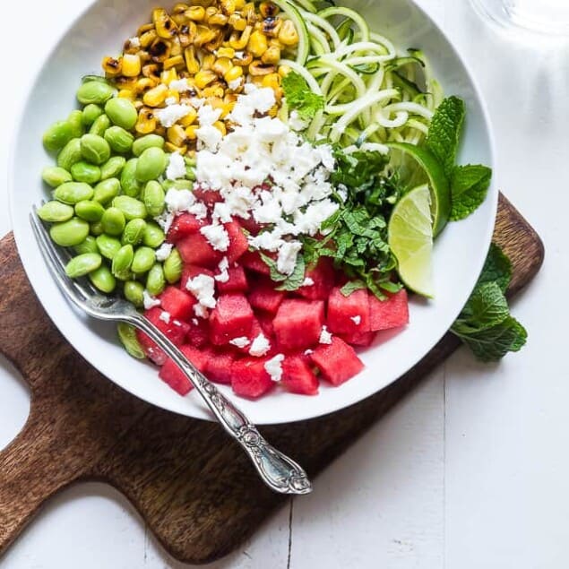 Summer Grilled Corn and Watermelon Power Bowls - Loaded with bright, fresh, Summer flavors and packed with plant based protein! These tangy, sweet and DELICIOUS bowls are going to be your go to for easy, weeknight Summer dinners! | #Foodfaithfitness | #Glutenfree #Healthy #Vegetarian #Watermelon #Corn