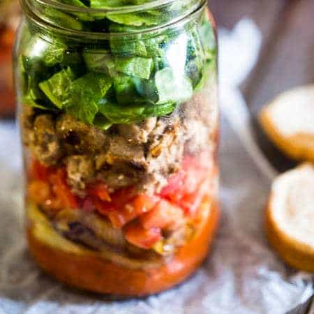 Turkey Burger Mason Jar Salads - A fun, easy way to make your burger portable! All the taste of a burger in a healthy, gluten free and low carb meal! | Foodfaithfitness.com | @FoodFa