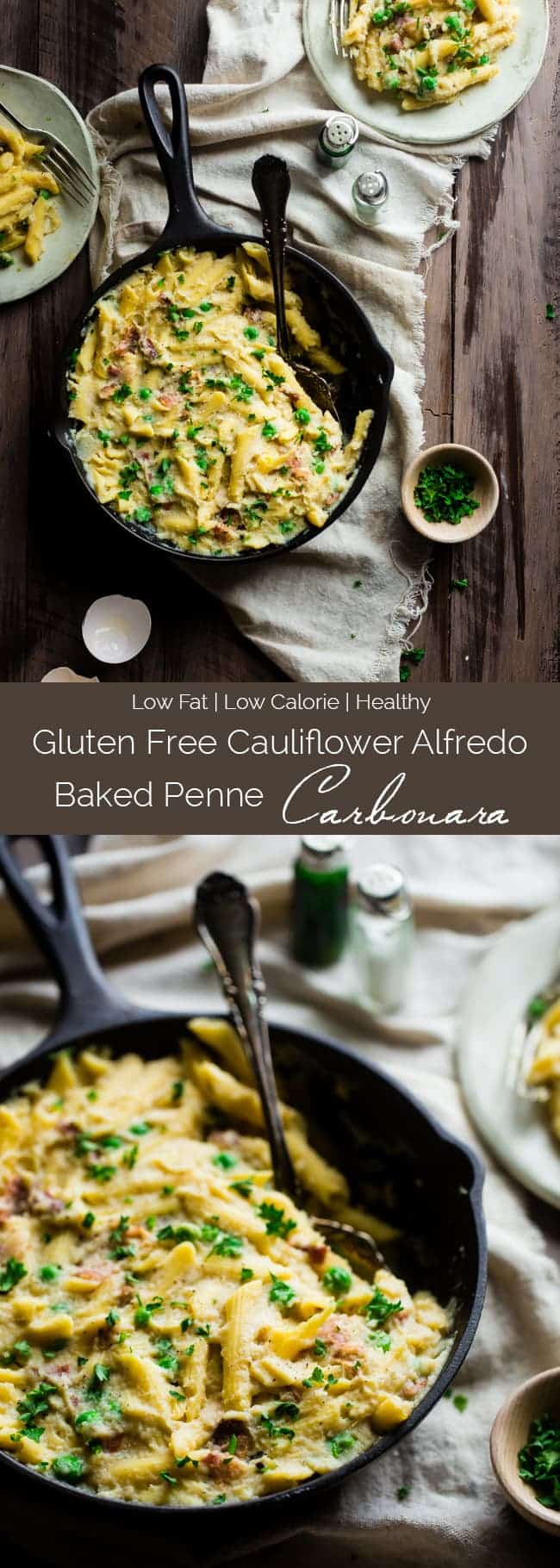 Gluten Free Cauliflower Alfredo Baked Penne Carbonara - This easy pasta bake uses cauliflower alfredo sauce to make it extra creamy! You'll never believe it's dairy/gluten free, low fat and packed with hidden veggies! | Foodfaithfitness.com | @FoodFaithFit