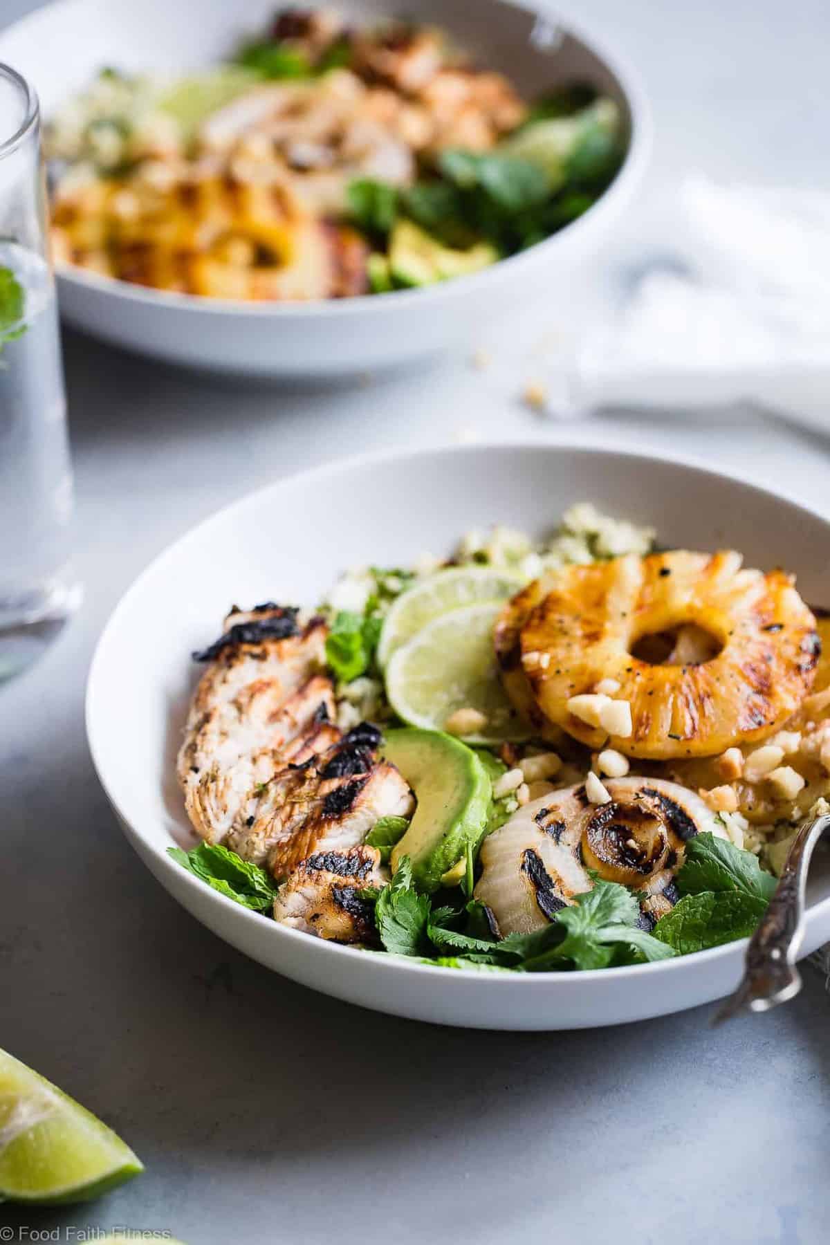  Grilled Tropical Chicken Bowls - These paleo and whole30 compliant Grilled Tropical Chicken bowls are an easy, healthy and gluten free weeknight dinner loaded with sweet and tangy island flavors! Sure to be a crowd pleaser! | #Foodfaithfitness | #Paleo #Whole30 #Glutenfree #Healthy #Chickendinner