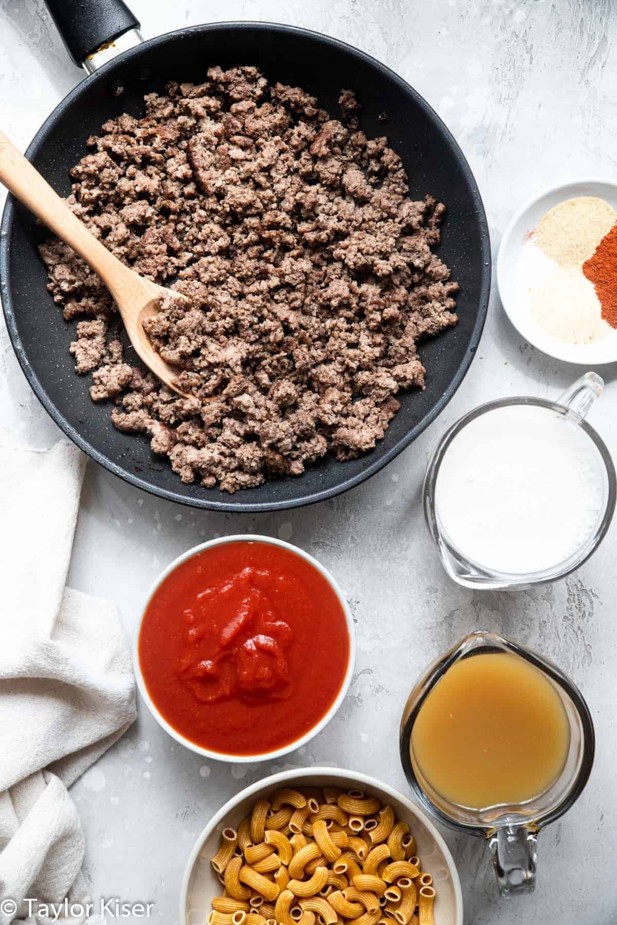ingredients to make healthy homemade hamburger helper on a table