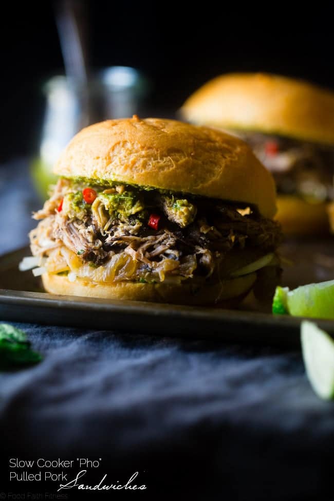 "Pho" Slow Cooker Pulled Pork Sandwiches - They have all the taste of the Vietnamese soup, but in a healthy, gluten free sandwich! They're the perfect, easy weeknight meal that the whole family will love! | Foodfaithfitness.com | @FoodFaithFit