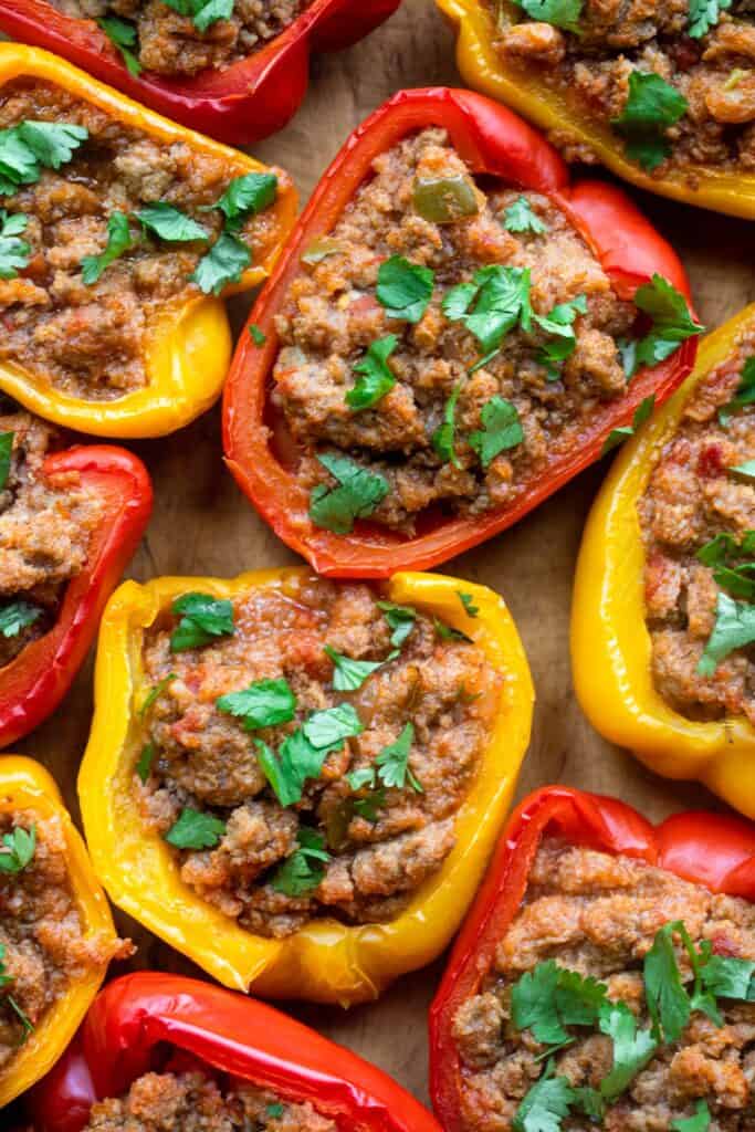 arranged Whole30 Stuffed Peppers on a cutting board